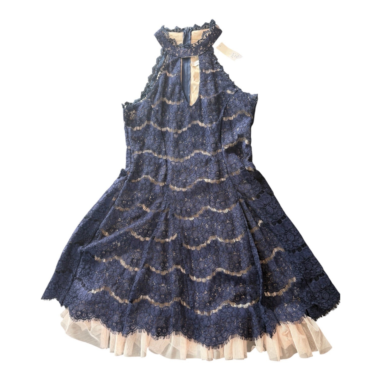 Francescas Navy Blue Lace Halter Keyhole Dress Pink Tulle Hem NWT Size M