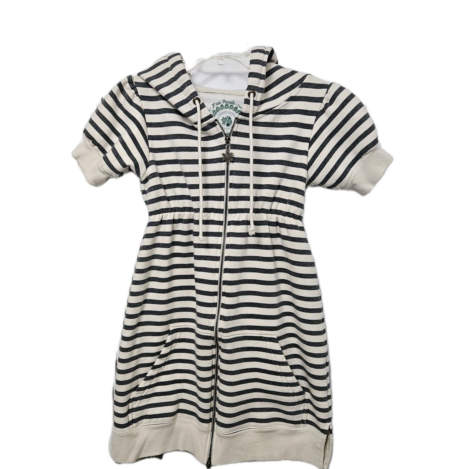 Free People Hoodie Mini Dress Womens Sm Ivory Grey Striped Short Sleeve Full Zip