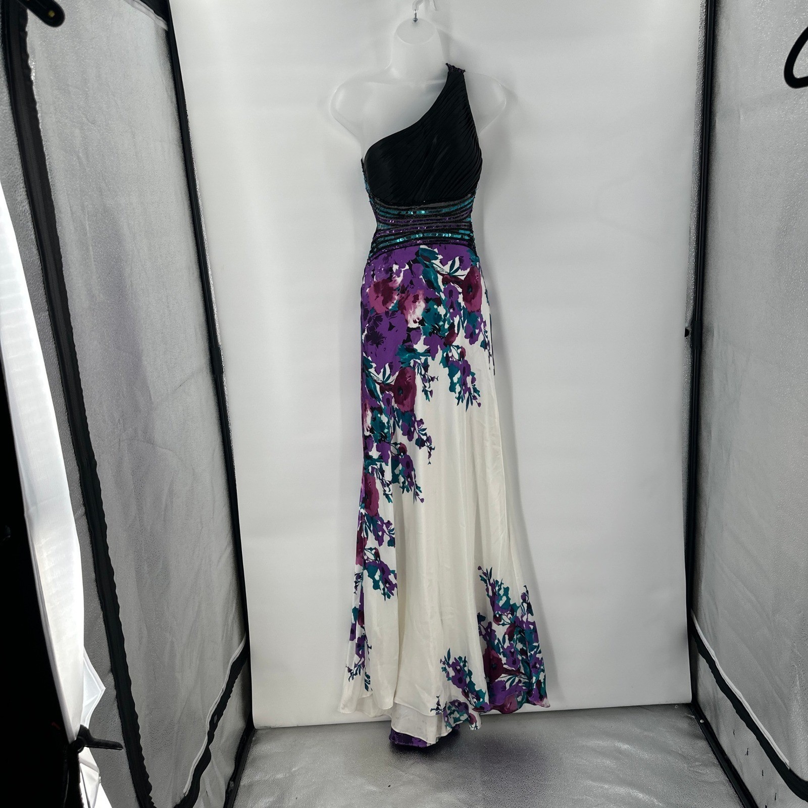 Cache One Shoulder Floral Sequin Evening Gown Maxi Dress Size 2 Striking *