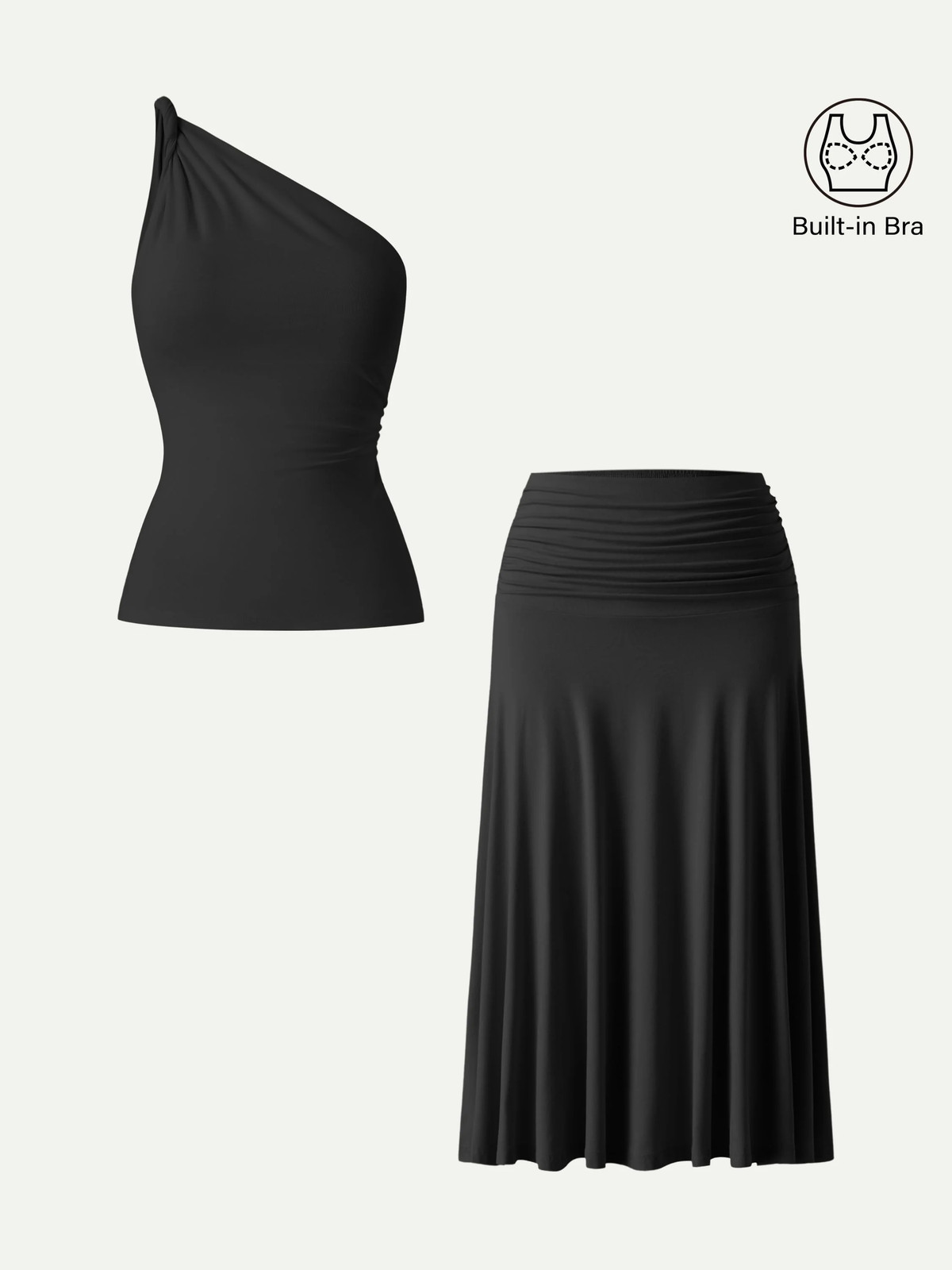 OGL 2Pcs Set One Shoulder Twisted Bra Tank & Side Ruched A-line Midi Skirt