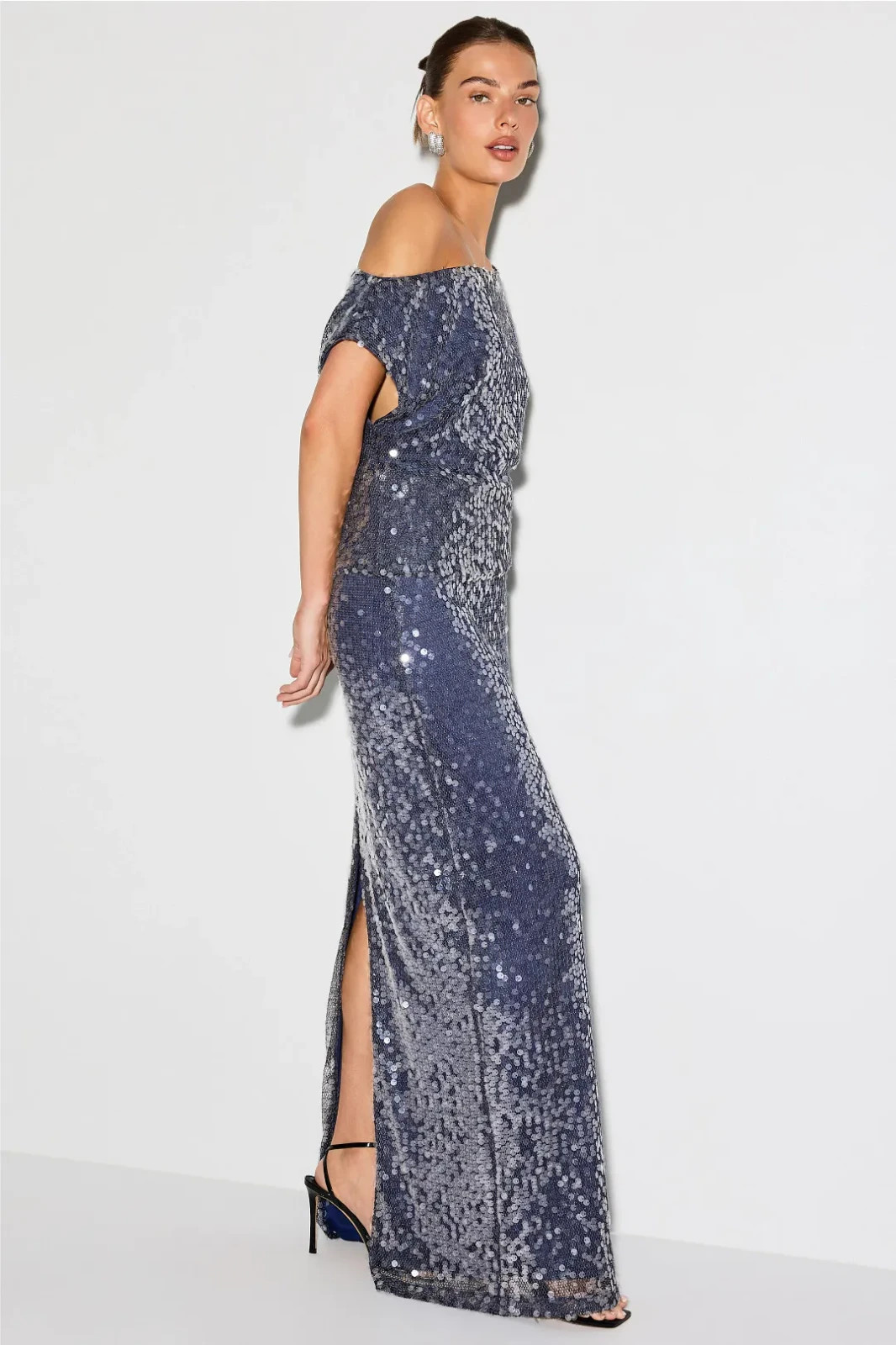 One33 Social Asymmetrical Shoulder Maxi Gown Navy Sequin Blouson sz 4 Club Gala