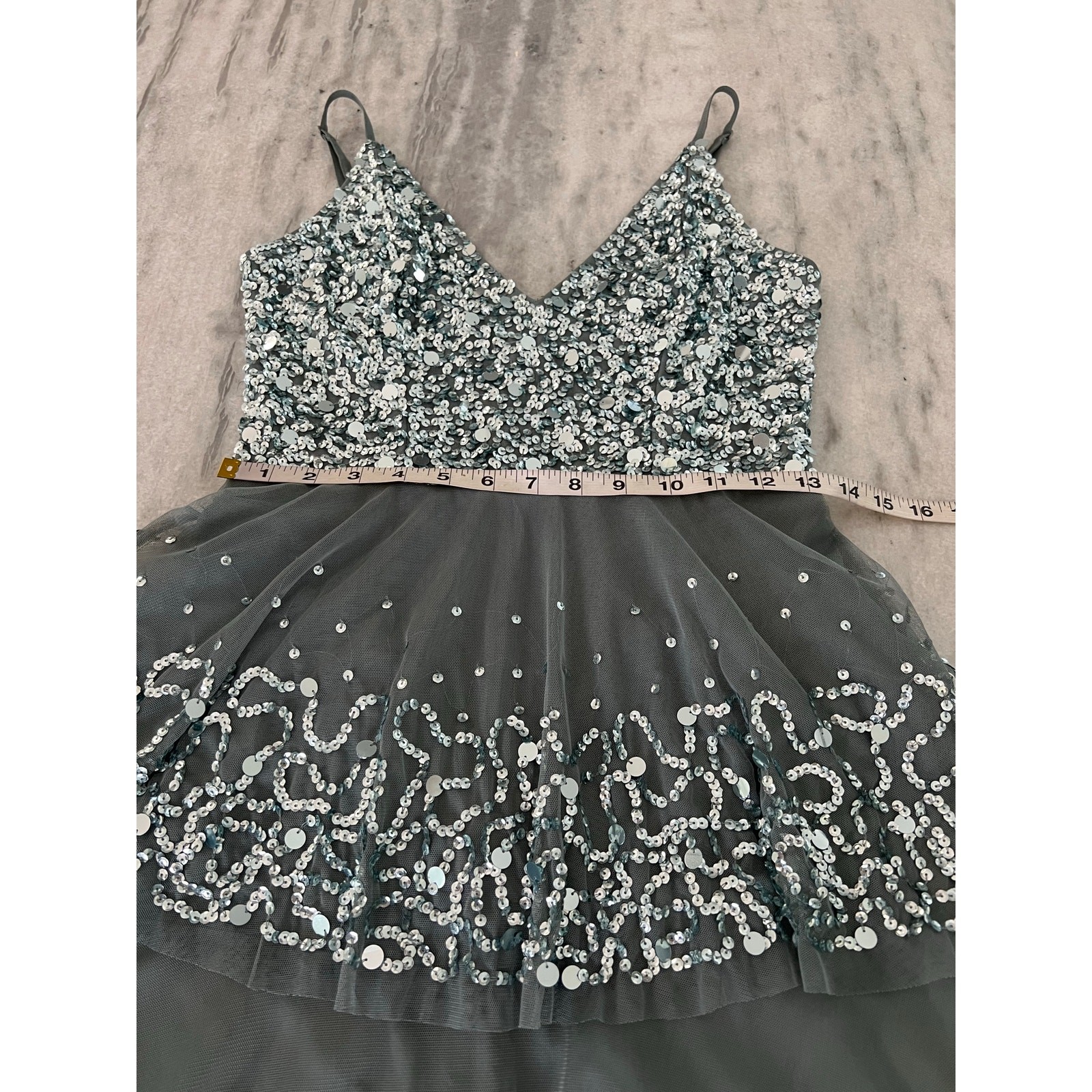 Lace & Beads Silver Gray Sequin Mini Dress Size Small Tiered Tulle