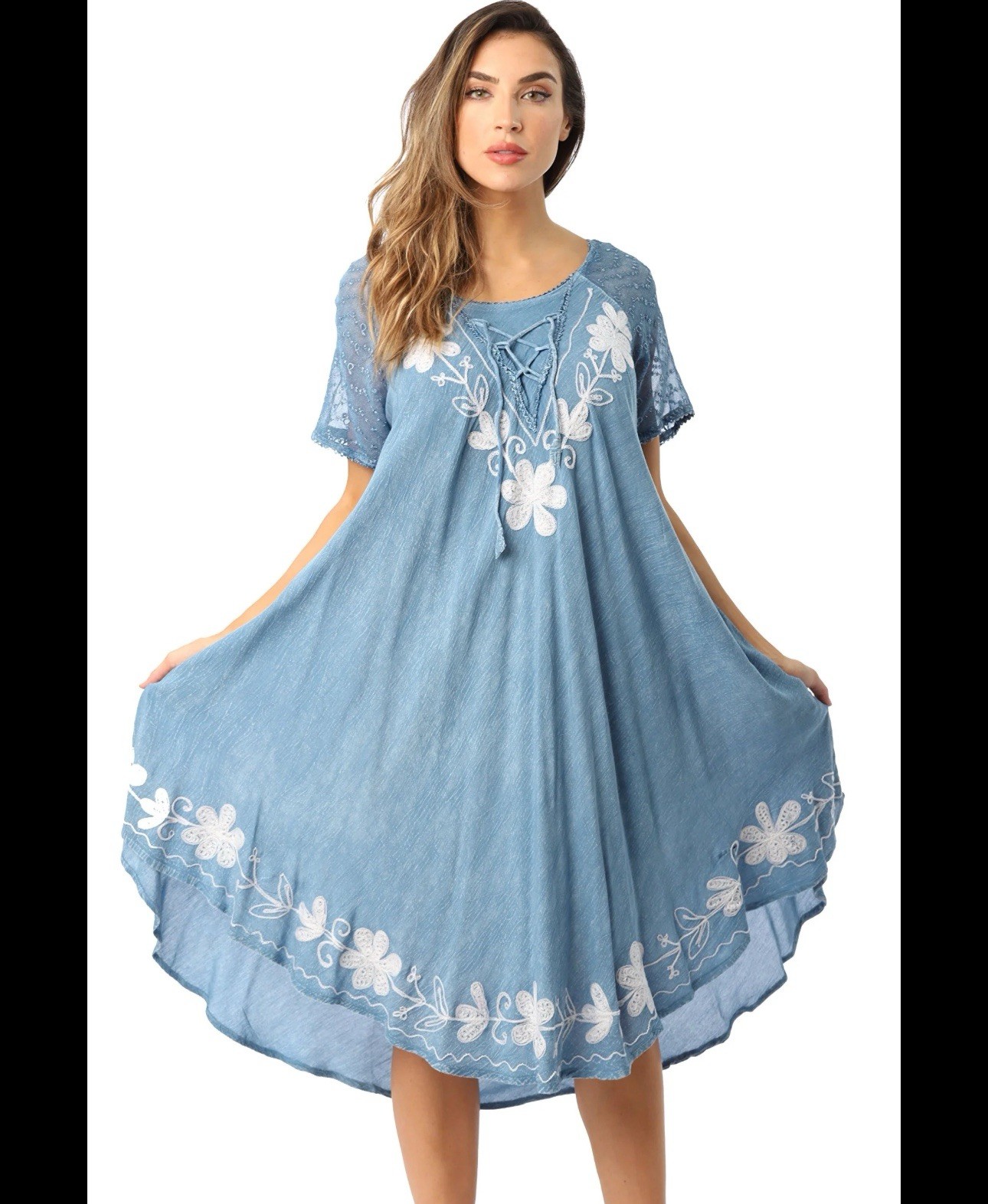 Riviera Sun Light Blue Embroidered Floral Sun Dress NWT Women’s Size S