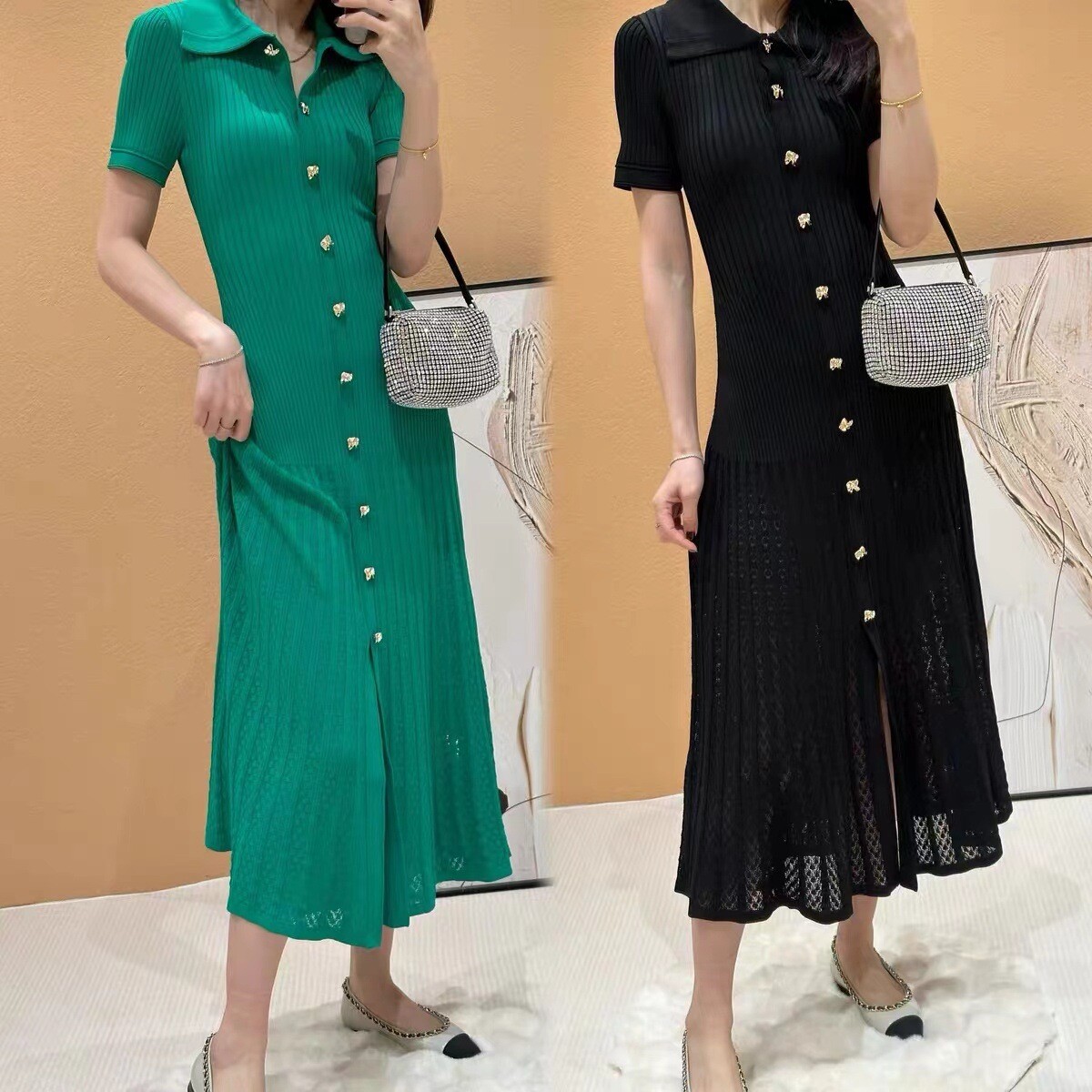 Sandro Black green lapel single-breasted Long dress Dress Women’s Clothing