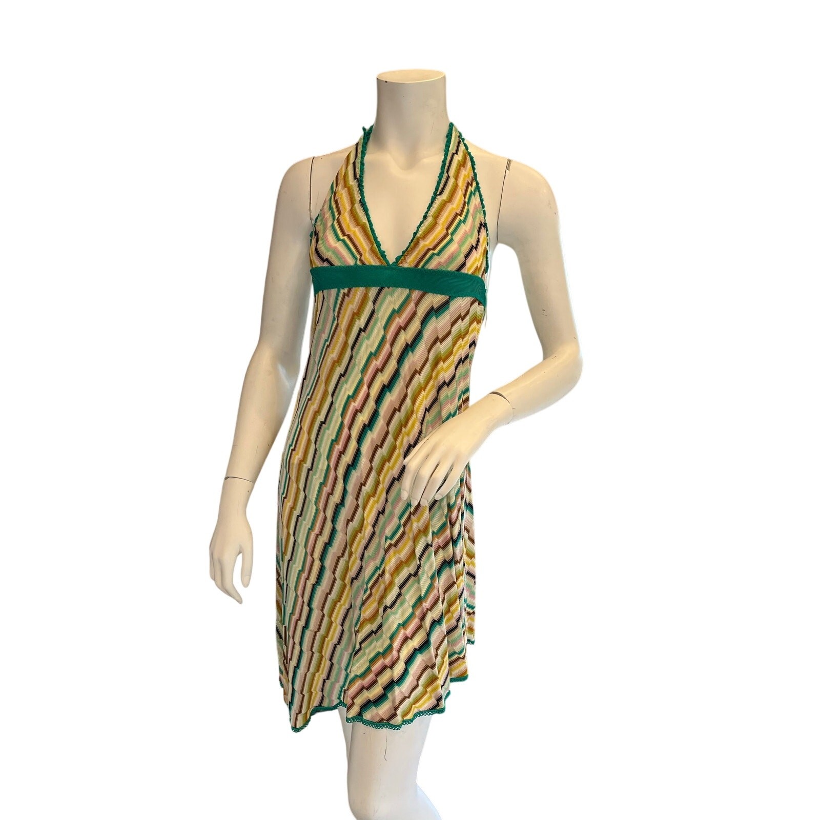 Missoni Mare Multicolor Zigzag Knit Halter Dress Asymmetrical Hem