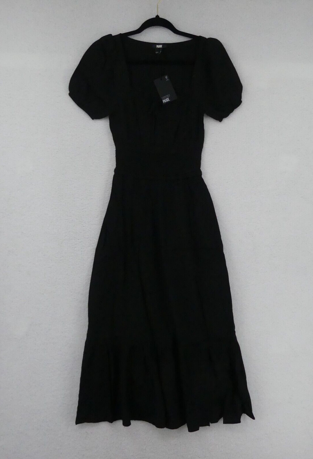 Paige Dress Womens XXS Black Midi Avonne Smocked Slit Elastic Short Sleeve