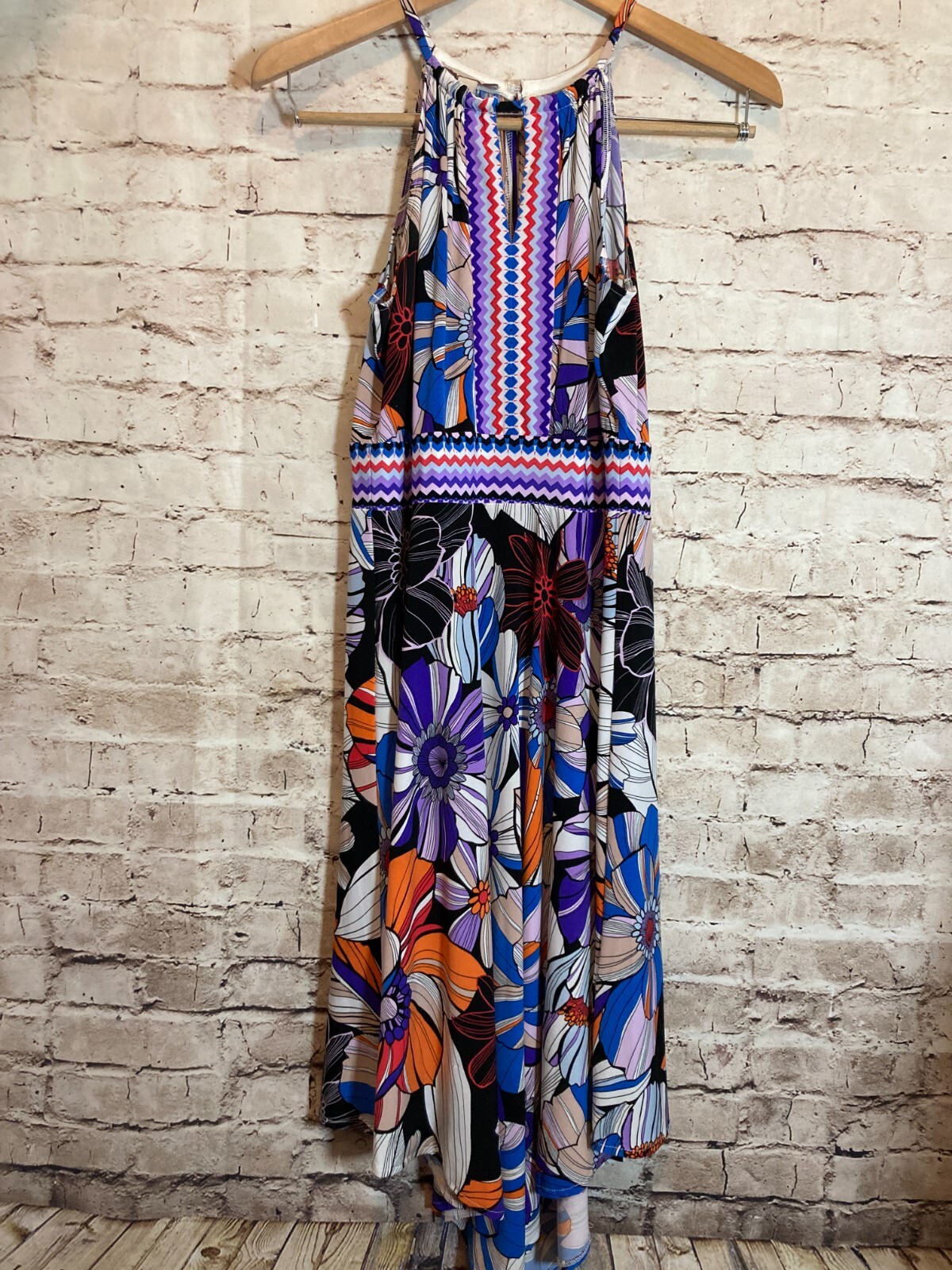 Christopher Banks Dress Womens 8 Midi Asymmetric Hem Floral Halter Stretch Flowy