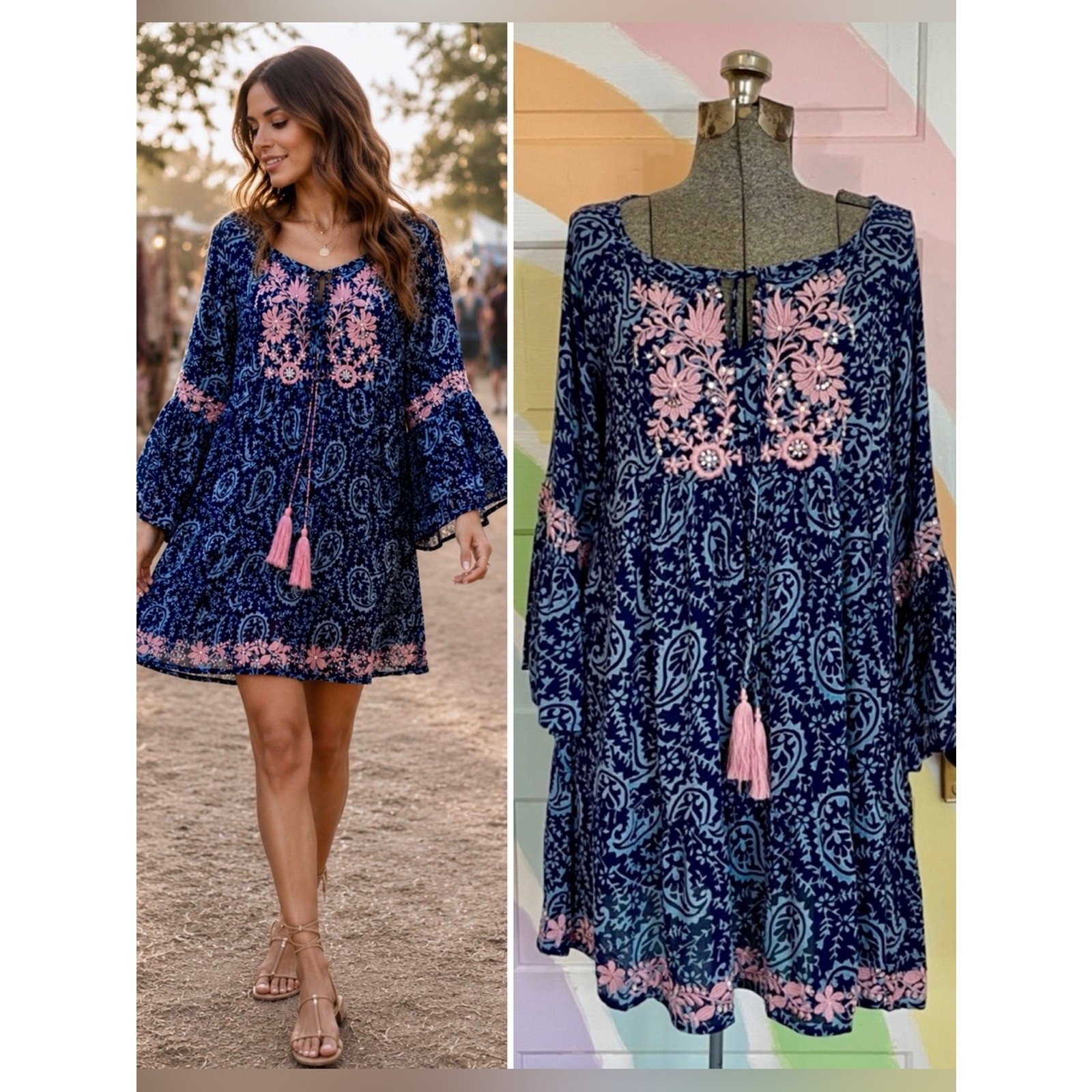 NWT Miss June Paris Embroidered Sequin Tassel Boho Mini Dress Free Size M 🧡🎀