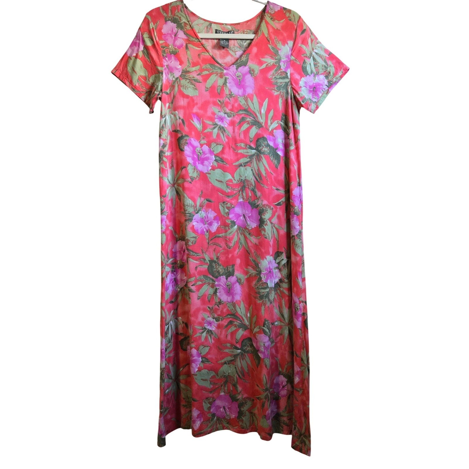 Vintage Floral Cypress Womens M Coral Tropical Hibiscus Rayon V-Neck Maxi Dress