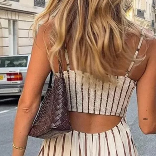 Playful Cut Out Backless Fall Transitional Maxi Cream w Tan Stripes Dress