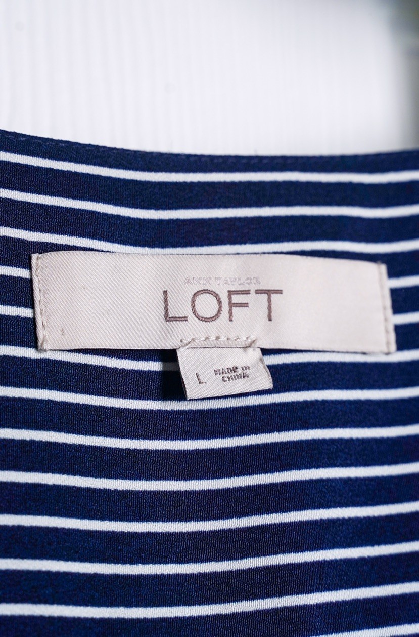 LOFT Navy Blue Shirt Dress Vertical Stripes Button Front Nautical Long Sleeves