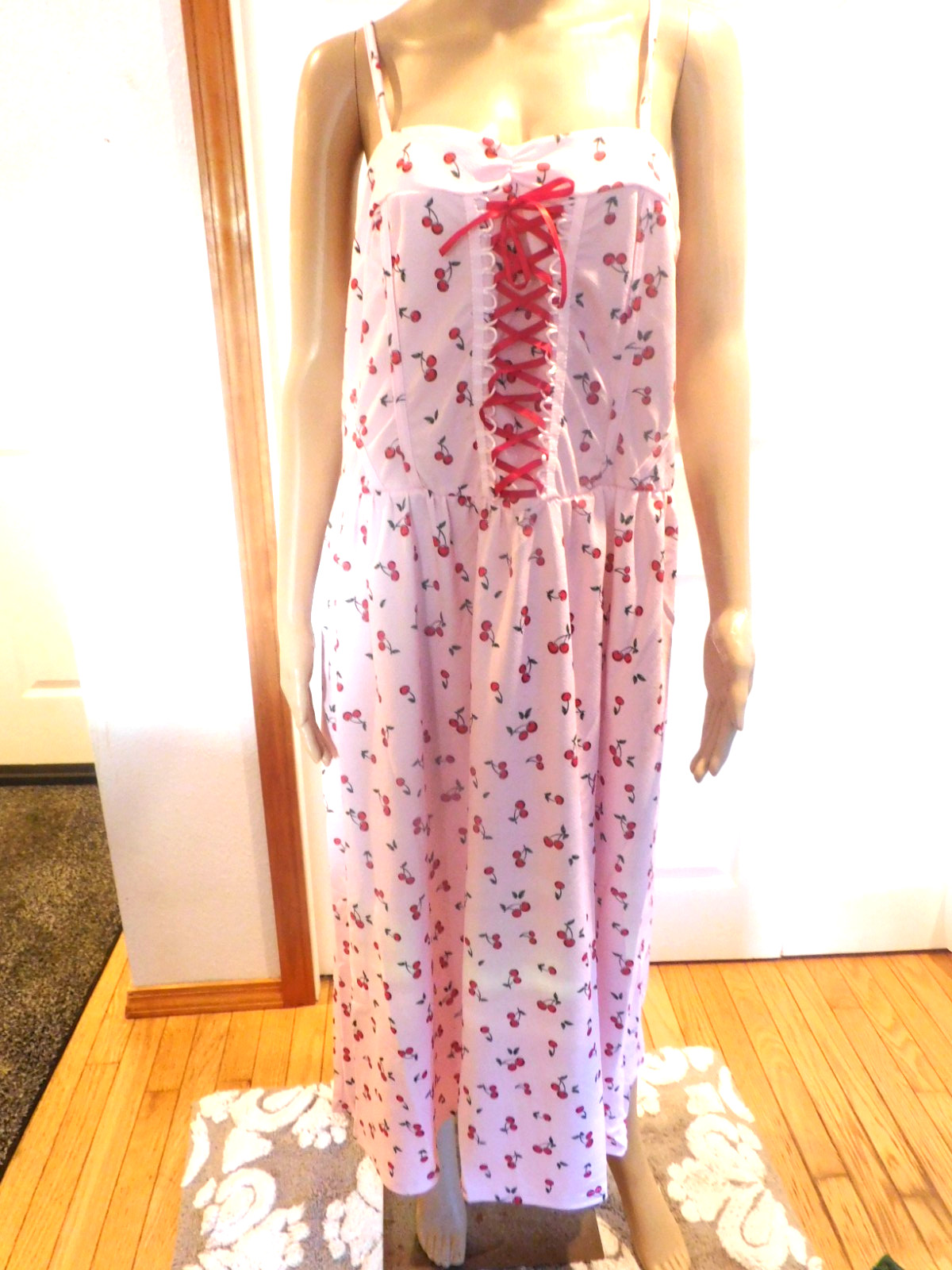 New Red/Pink Corset Cherry Print Spaghetti Straps Lace-up Boho Party Dress XL