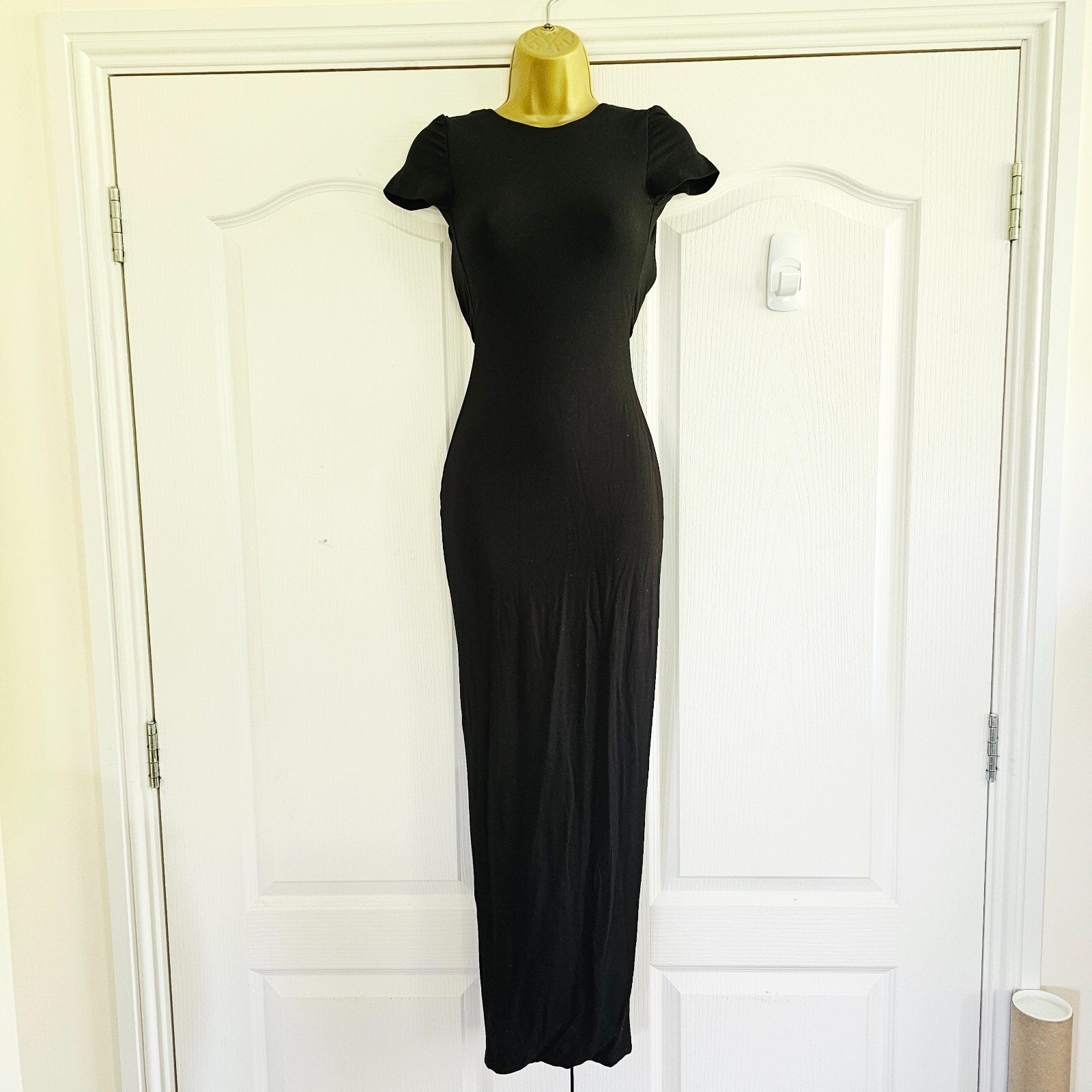 Oh Polly Backless Maxi Dress Size UK 6 Black Back Slit Stretch New with tags