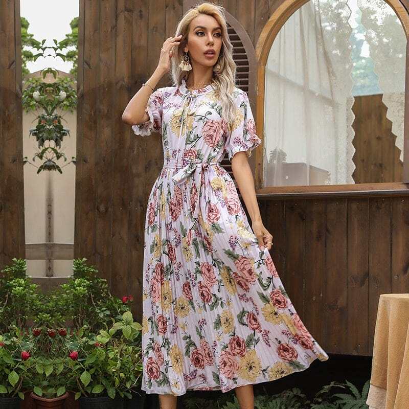 Ruffle Neck Pleated Dress