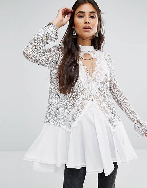 Free People Tell Tale Heart Lace Bell Sleeve Mini Dress Ivory Black NWOT M
