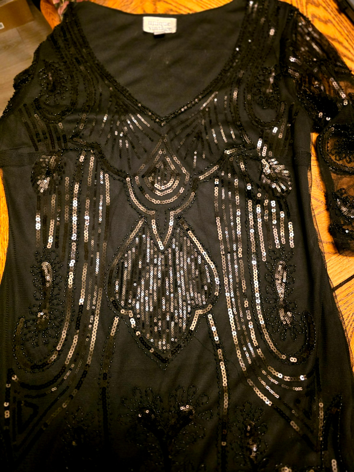 Unique Vintage L 10-12 Black Sequin Beaded Fringe Flapper Dress with Headband
