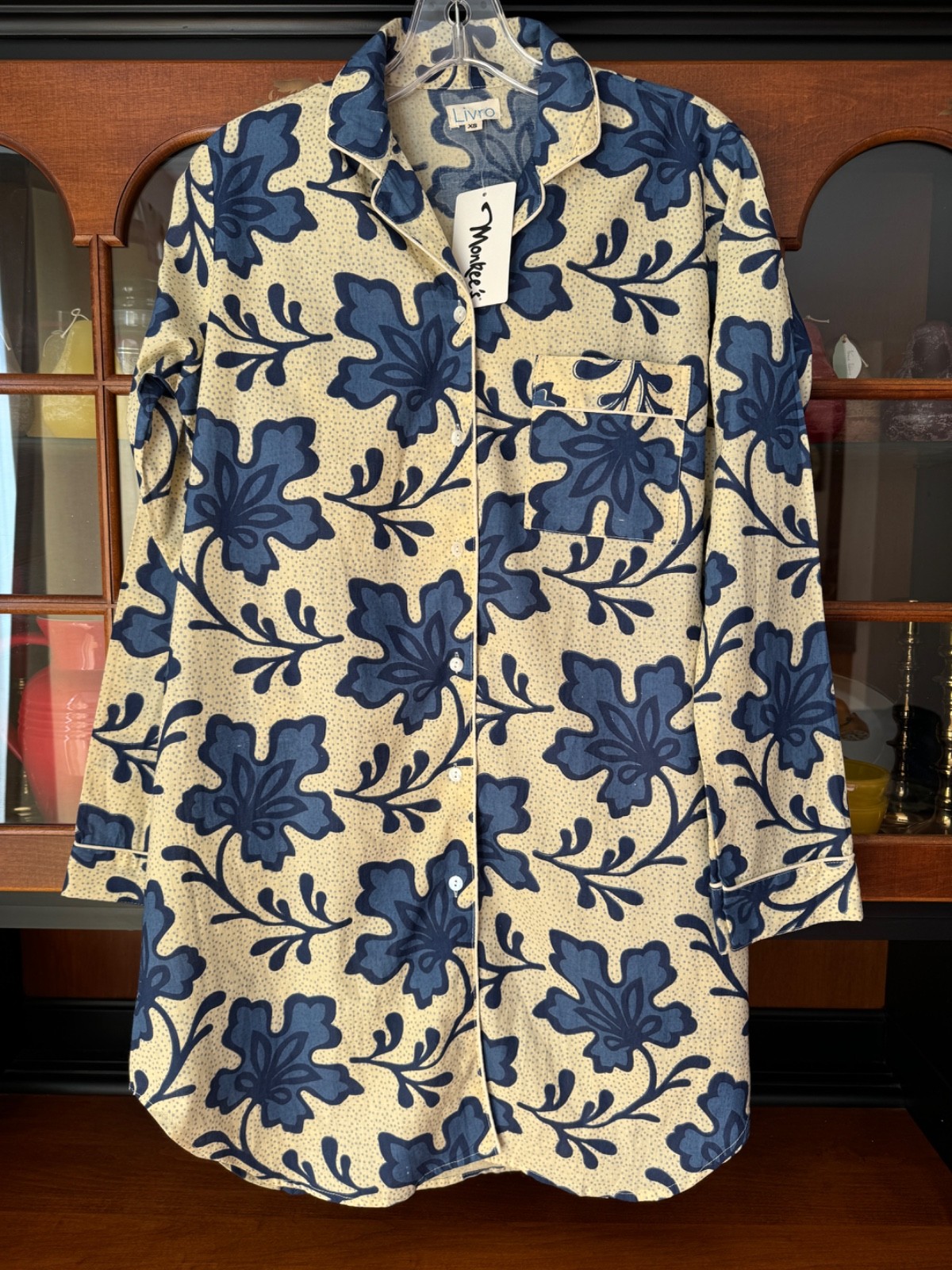 NWT LIVRO HAND BLOCKED INDIA LONG SLEEVE INDIGO LEAVES MINI DRESS NIGHTSHIRT XS
