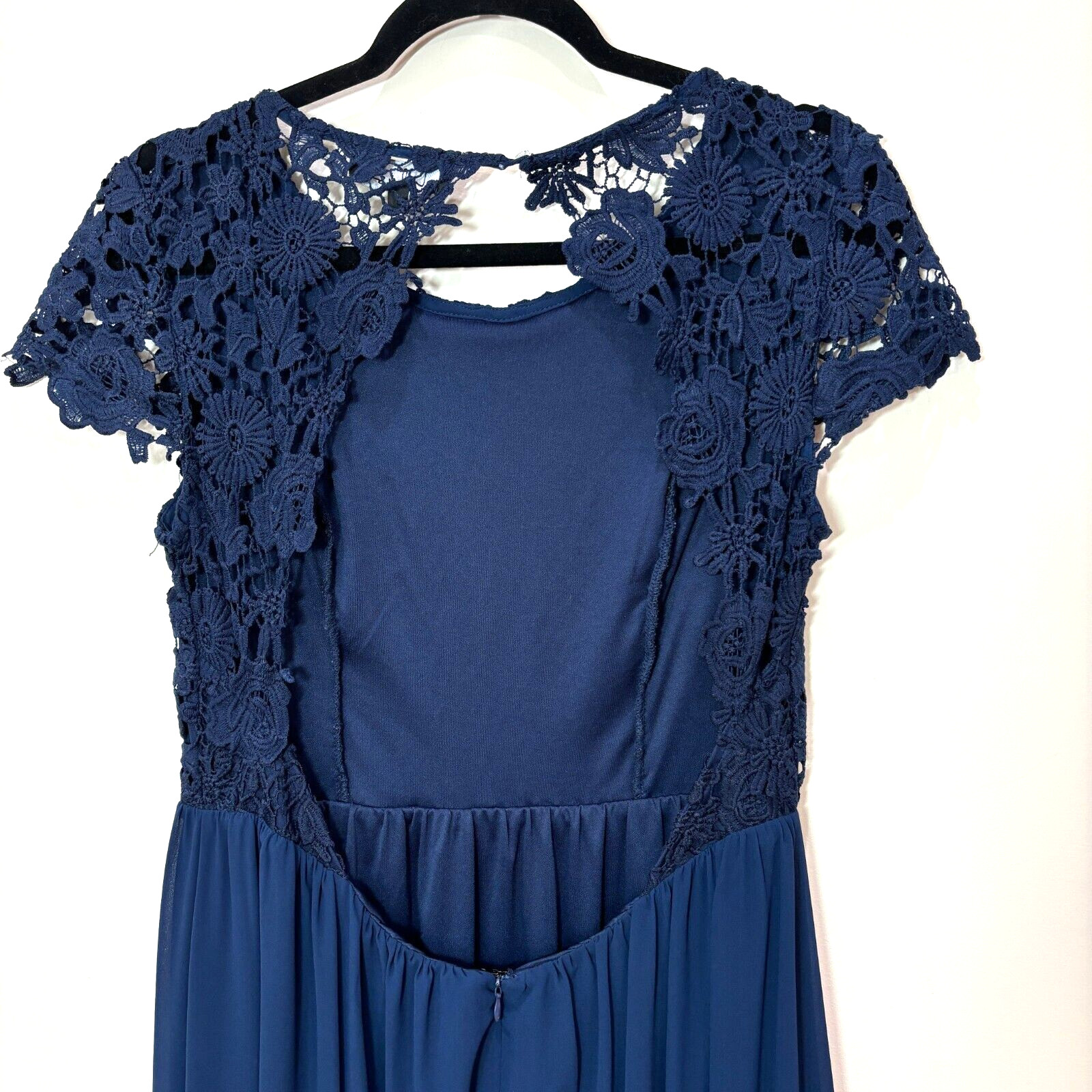 Lulus Crochet Lace Maxi Dress L Open Back Navy Blue Cocktails Bridesmaid Wedding
