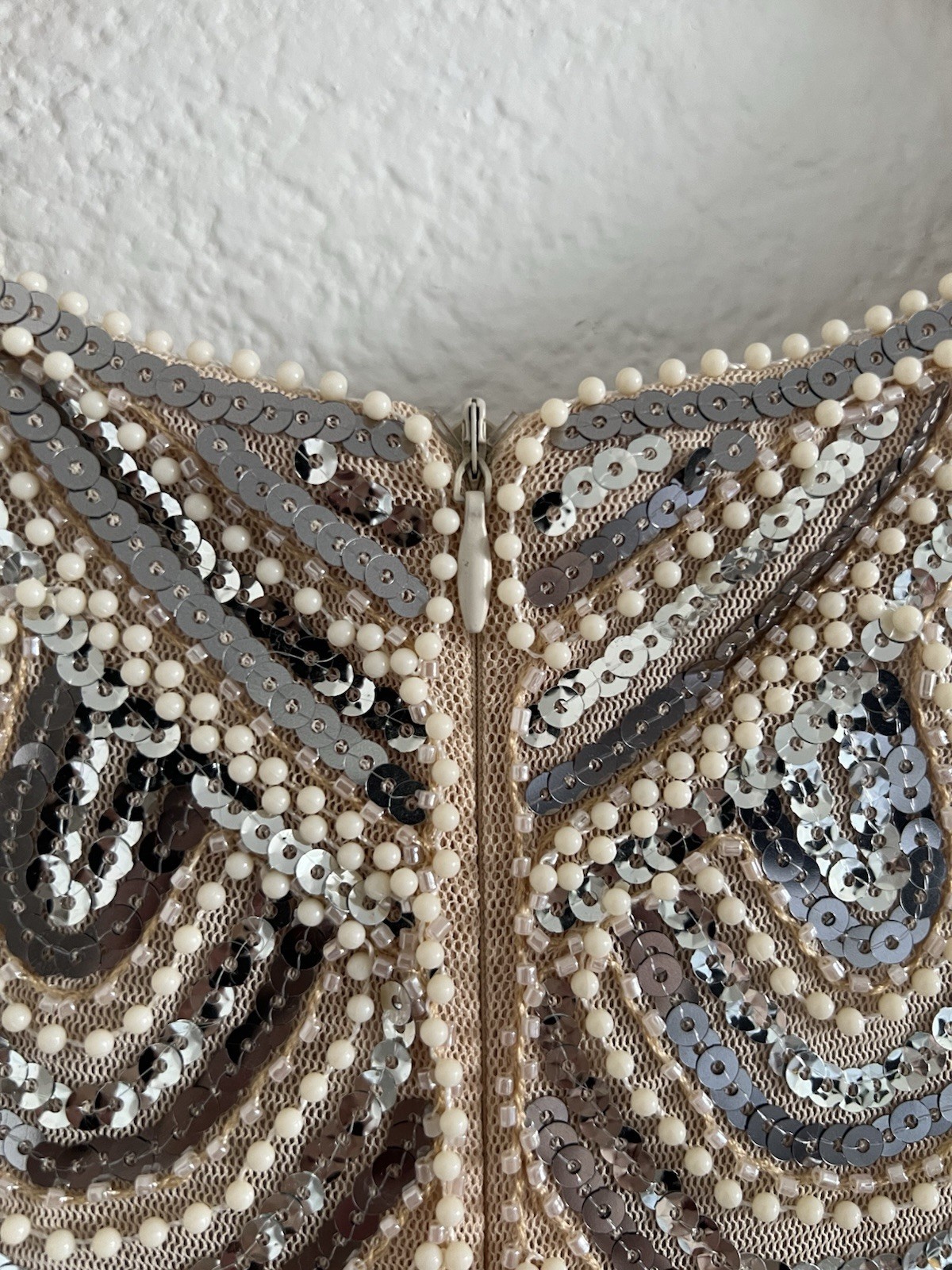Womens Beige Beaded Sequin Fringe Mesh Sheath Cap Sleeve Zip Dress Size L