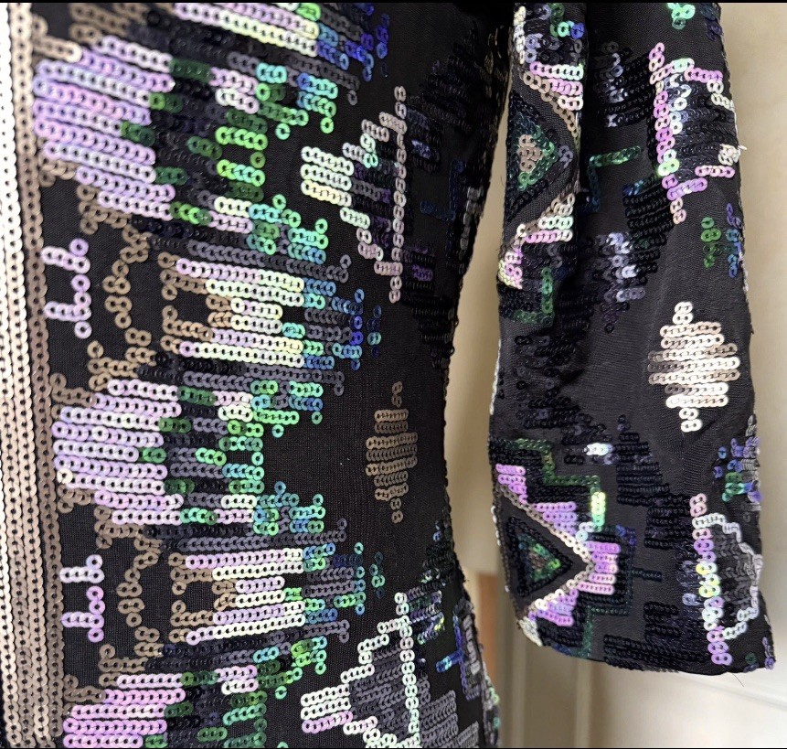 River Island Sequin Sexy Stretch Mini Dress UK16 Black Multi Party Prom Cocktail