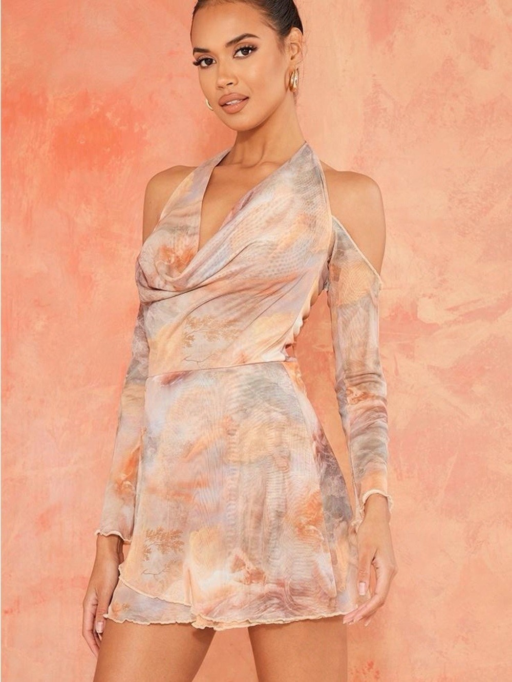 PrettyLittleThing Peach and Cream Watercolor Mini Dress