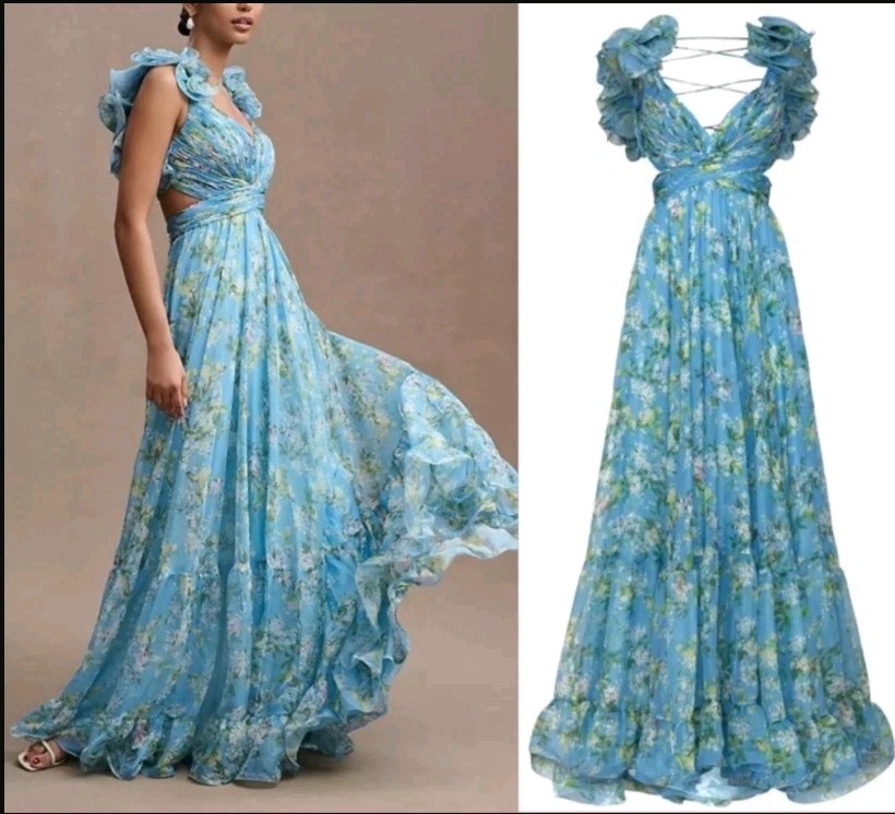 Mac Duggal Maxi Dress Sz 4 Blue Ruffle Tiered Floral Cut Out Chiffon Gown 67803