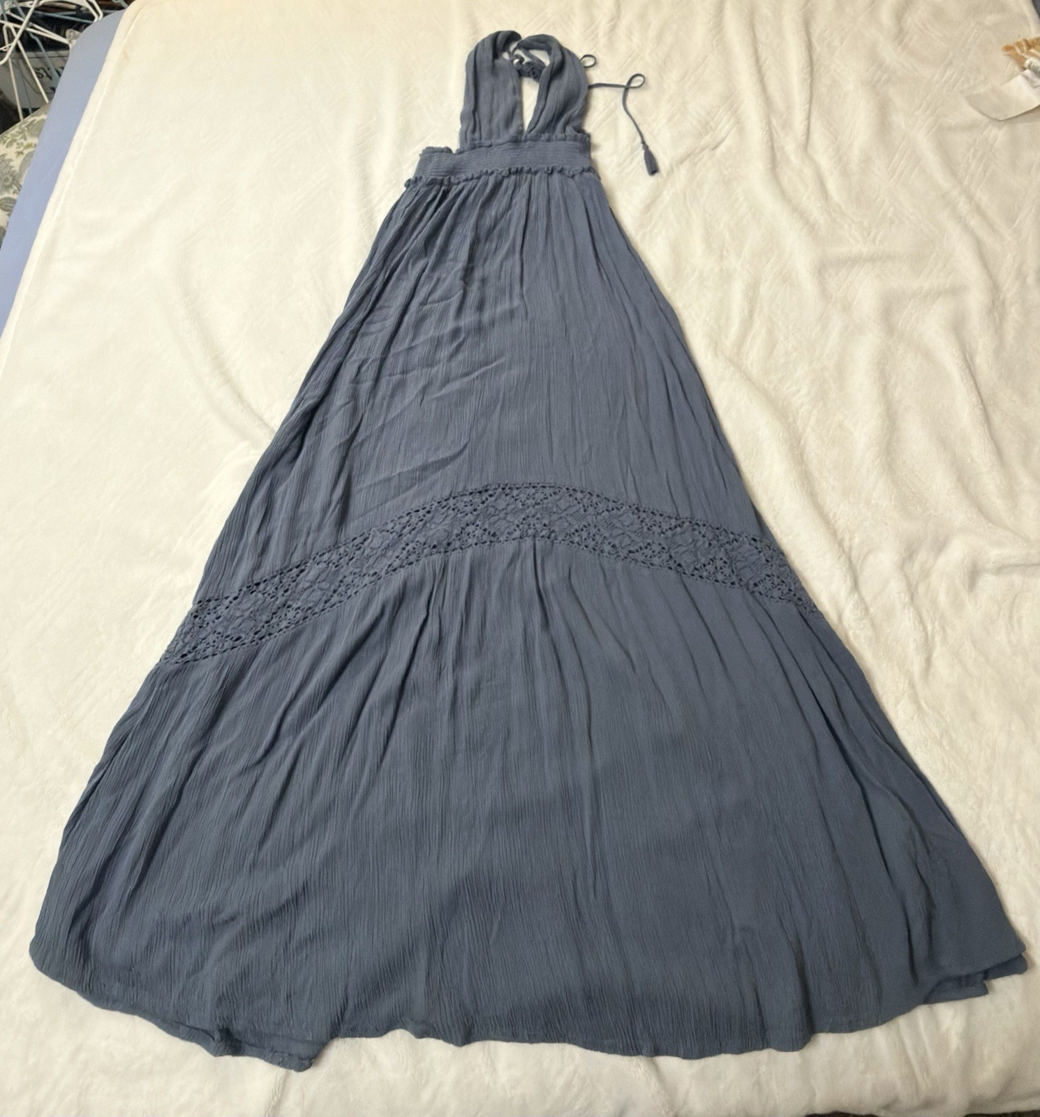 Boho Slate Blue Backless Halter Maxi Sundress – Tassel Tie & Crochet Trim