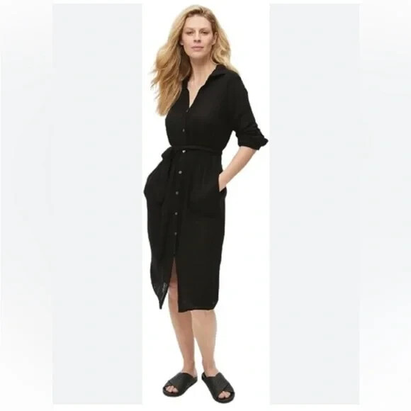 MICHAEL STARS Black Cotton Gauze Button Down Shirt Dress CLEO Sz S *MISSING CORD