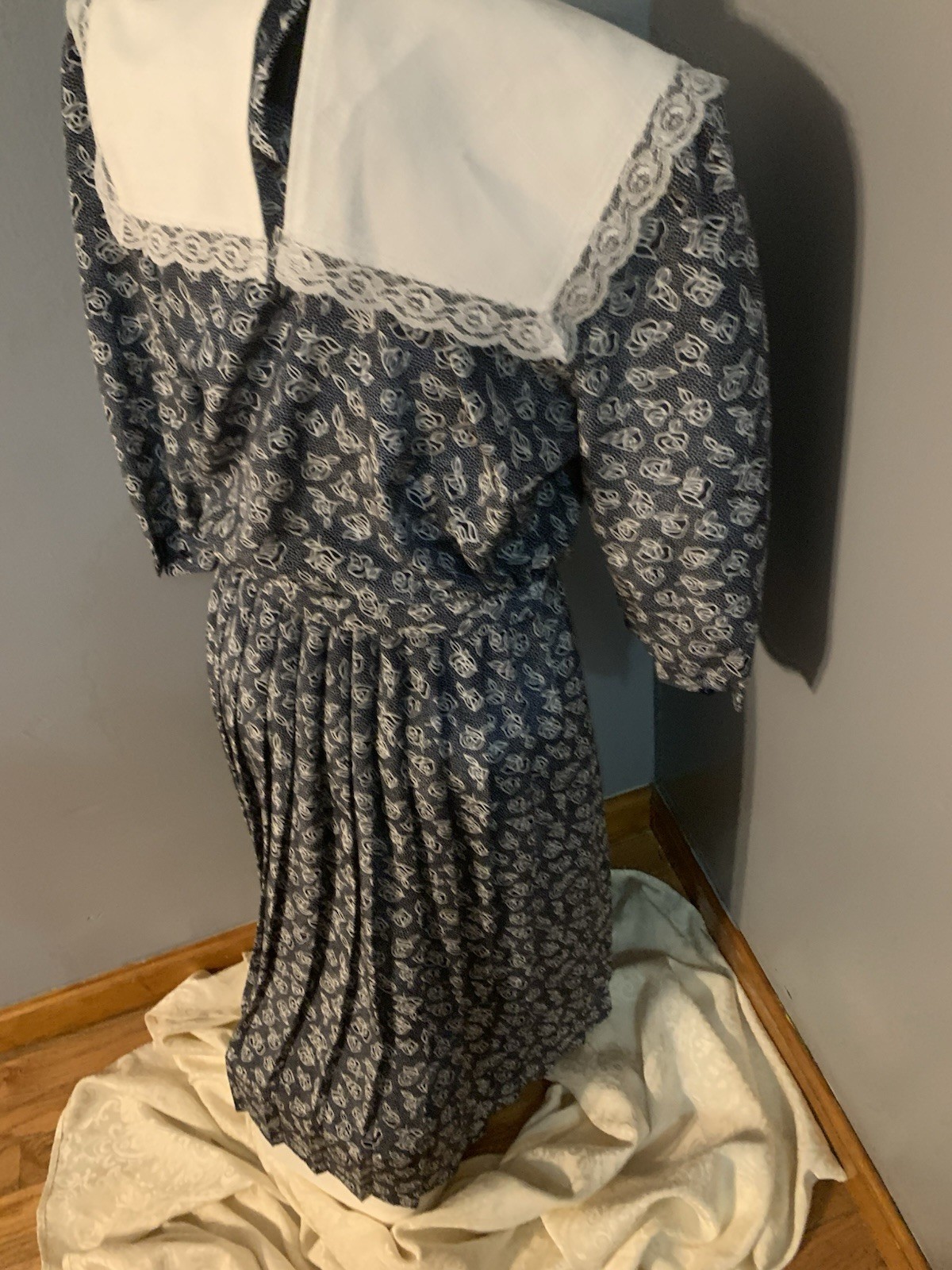 VTG 80s Breli II Lace Collar Cottage Core Prairie Dress Blue White Floral Sz 8