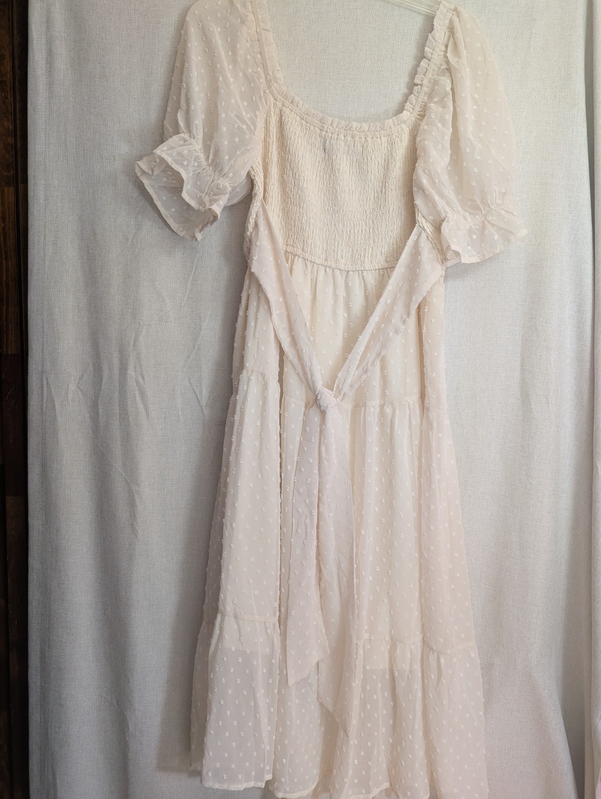 MEROKEETY Beige Dotted Square Neck Puff Sleeve Smocked Chiffon Maxi Dress L