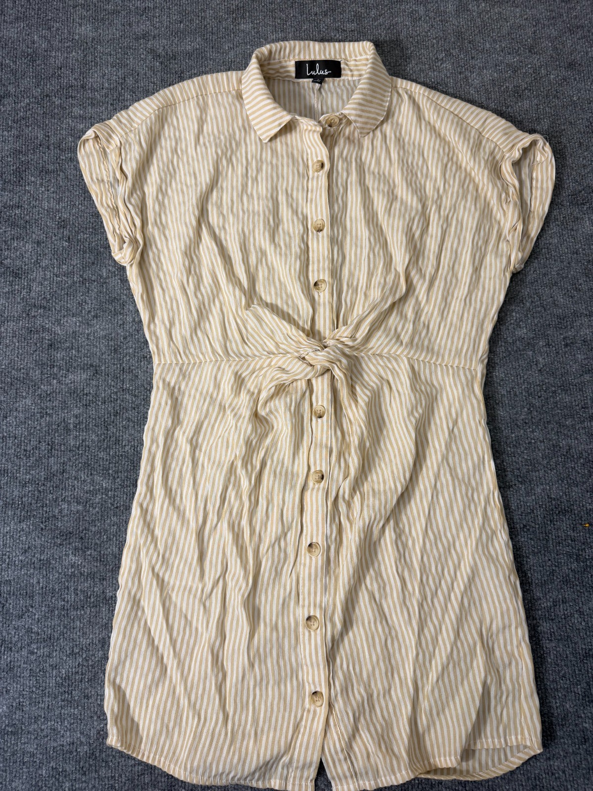 Lulus Women’s Striped Tie Front Button Up Size S Beige Cream Collared Dress