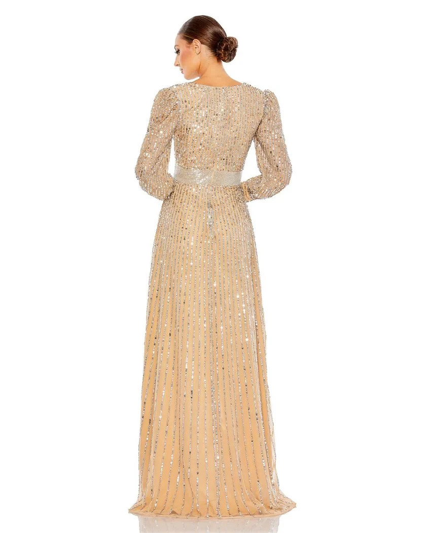 Mac Duggal Vanilla Silver Sequined Wrap Over Bishop Sleeve Gown Size 16 $598