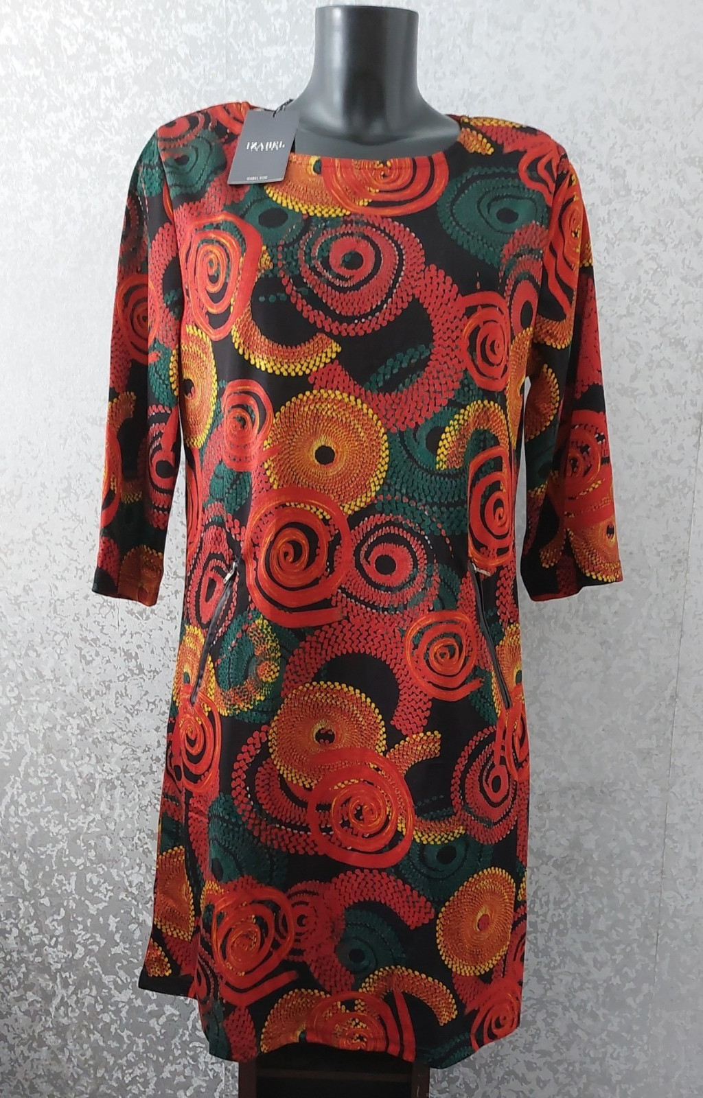 Izabel London Circular Patterns Print 3/4 Sleeve Short Shift Dress UK12 EU40 NEW