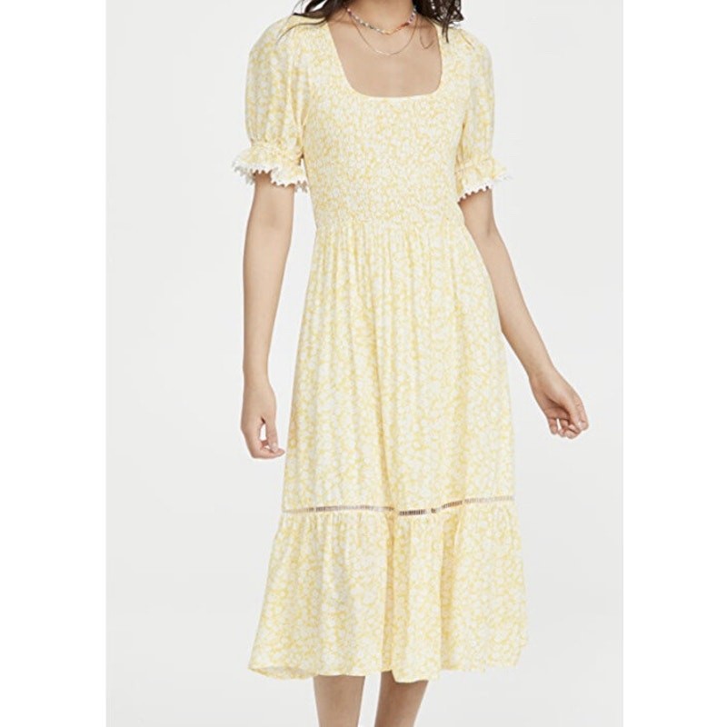 Lost + Wander Sweet Summer Daze Midi Dress Yellow Floral Milkmaid Cottage NWT S