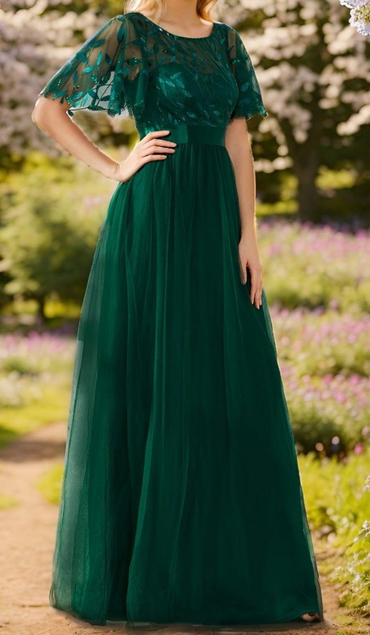 Women’s A-Line Sequin Leaf Maxi Prom Dress with Sleeves Everpretty
