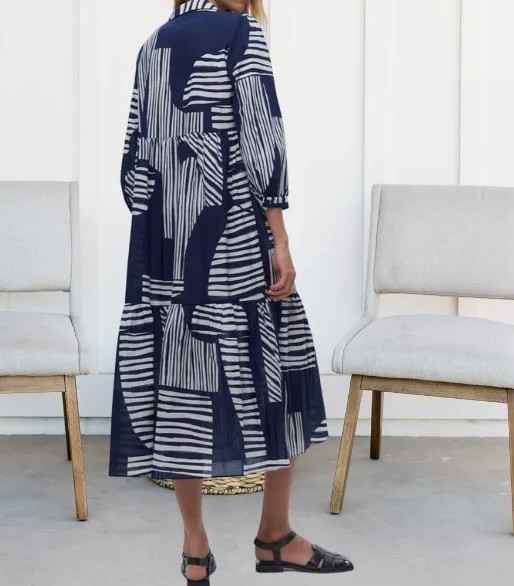 Zara Navy Blue & White Geometric Button Front Tiered Midi Dress Size Medium