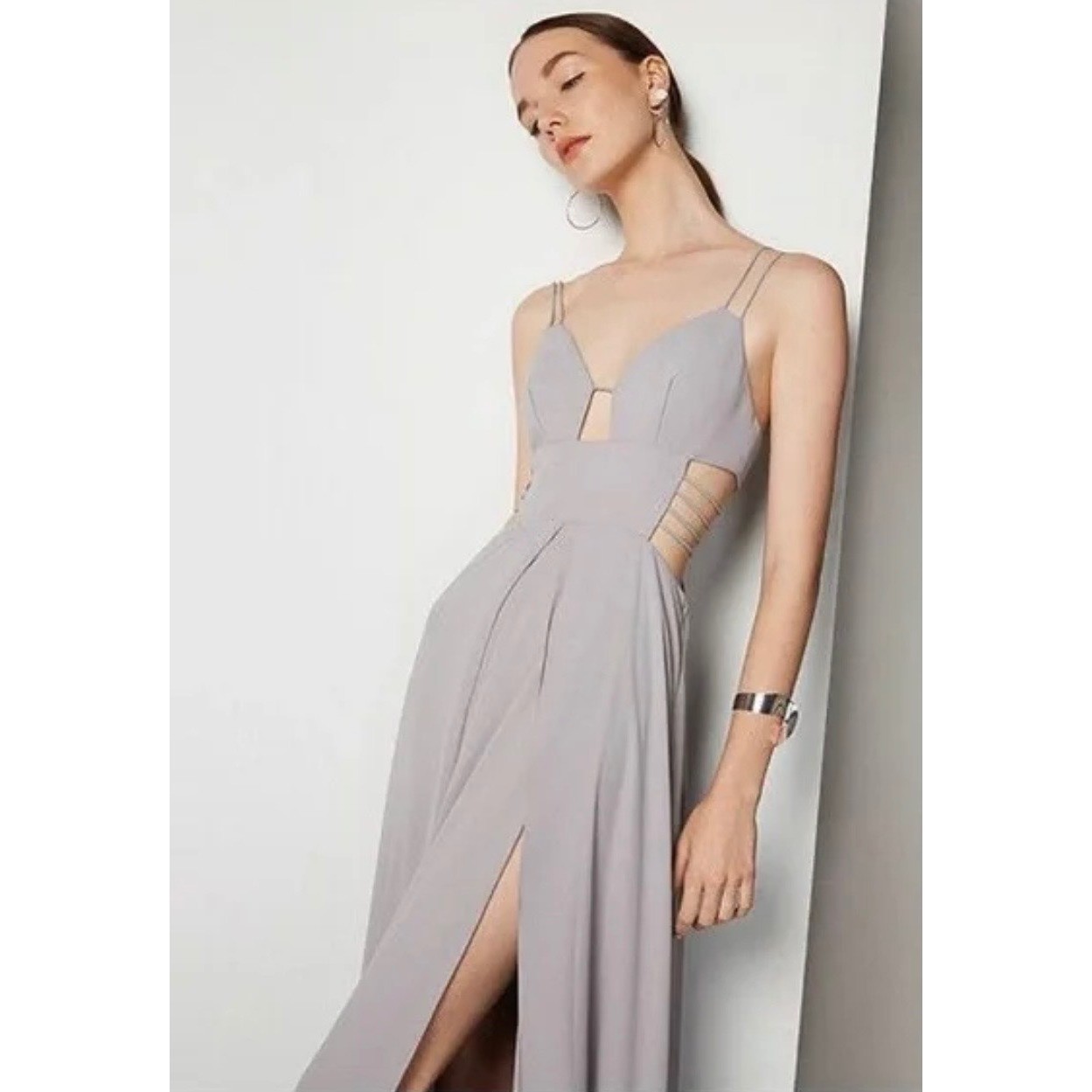 Fame and Partners Grey Strappy Side Cut Out Maxi Gown Dress Size 4 NWT