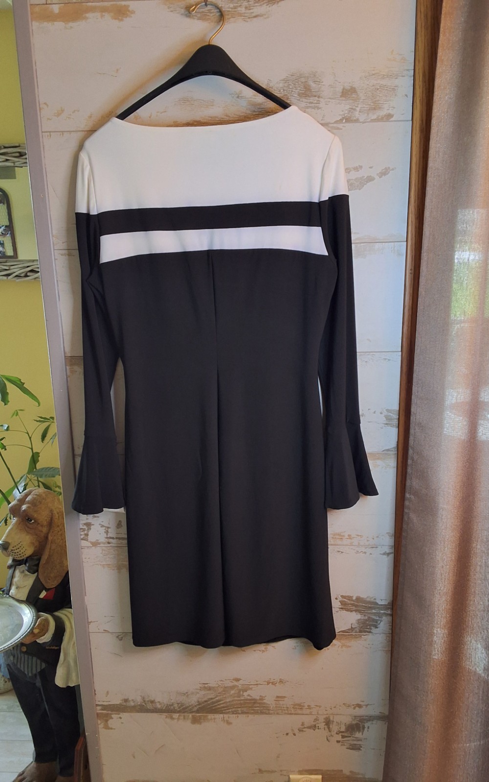 NWT* RALPH LAUREN, STRETCHY SIDE GATHERED BELL SLEEVES BLACK & WHITE DRESS 14