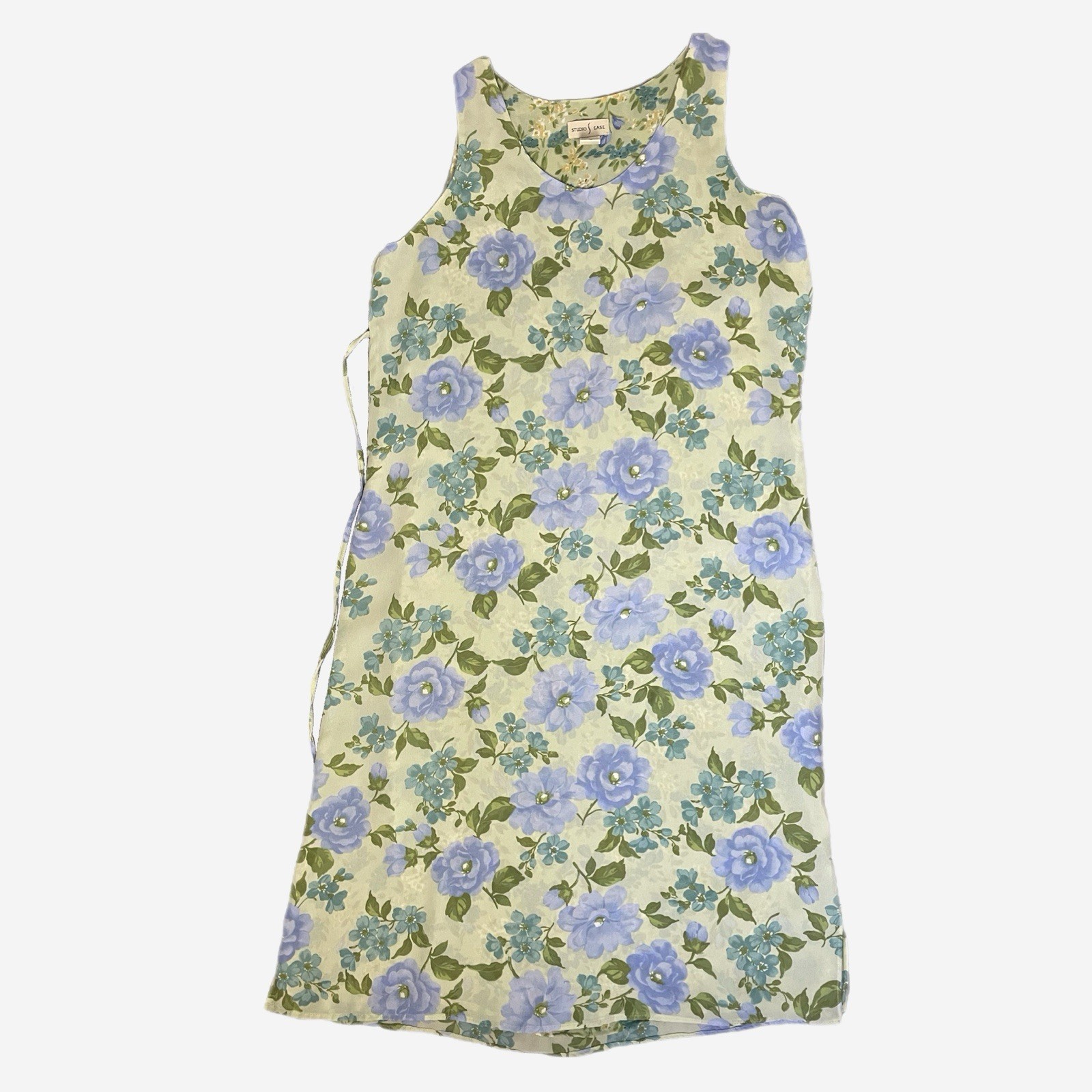 Vintage Y2K Studio Ease Sage green floral column sack midi dress tie back L/XL