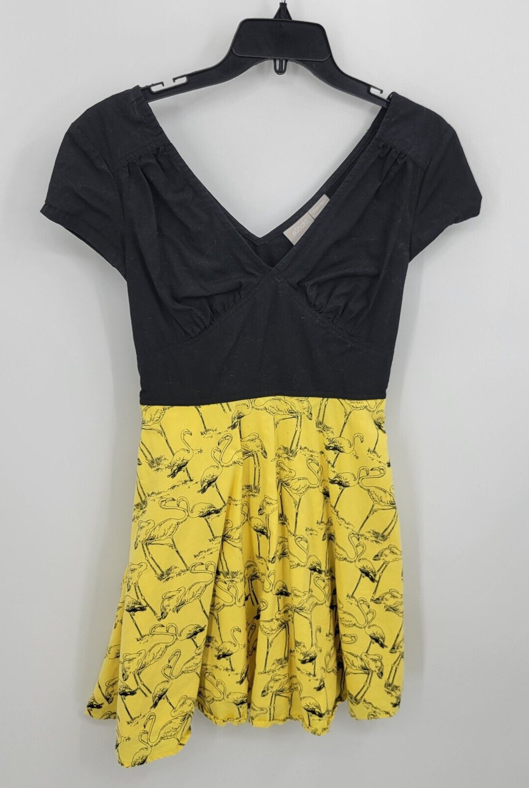 eShakti Dress Womens Small Yellow Black Bird Print Fit and Flare Artsy