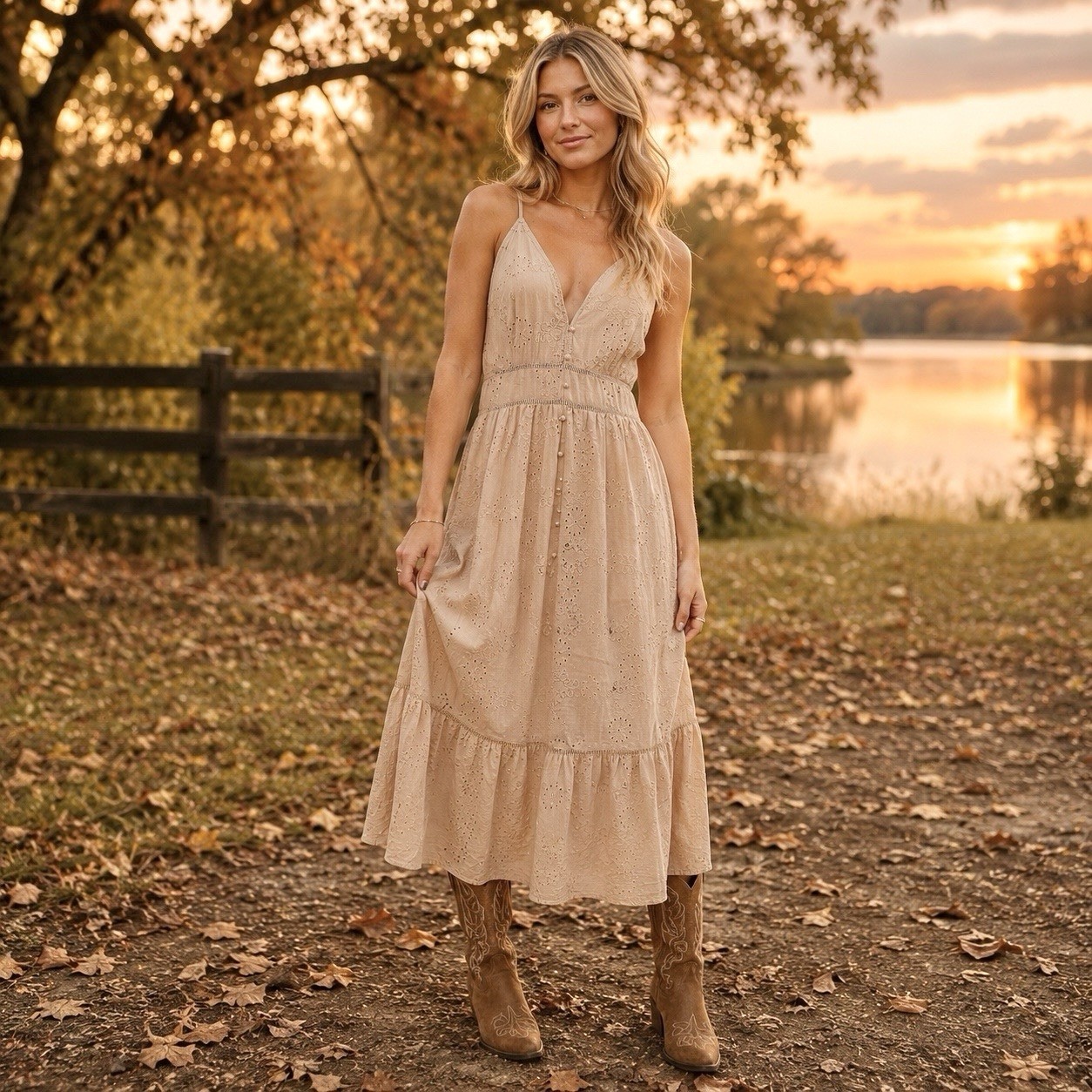 Beige Eyelet Embroidered Boho Maxi Dress Romantic Cottagcore Country Prairie XL