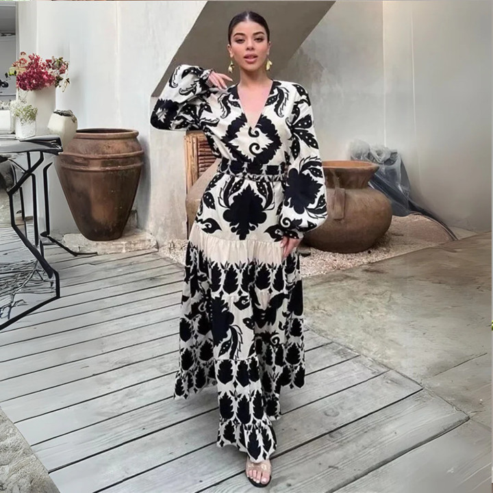 ZARA Black Ivory White Floral Maxi Ruffle Dress Puffy Sleeve Boho Art To Wear M