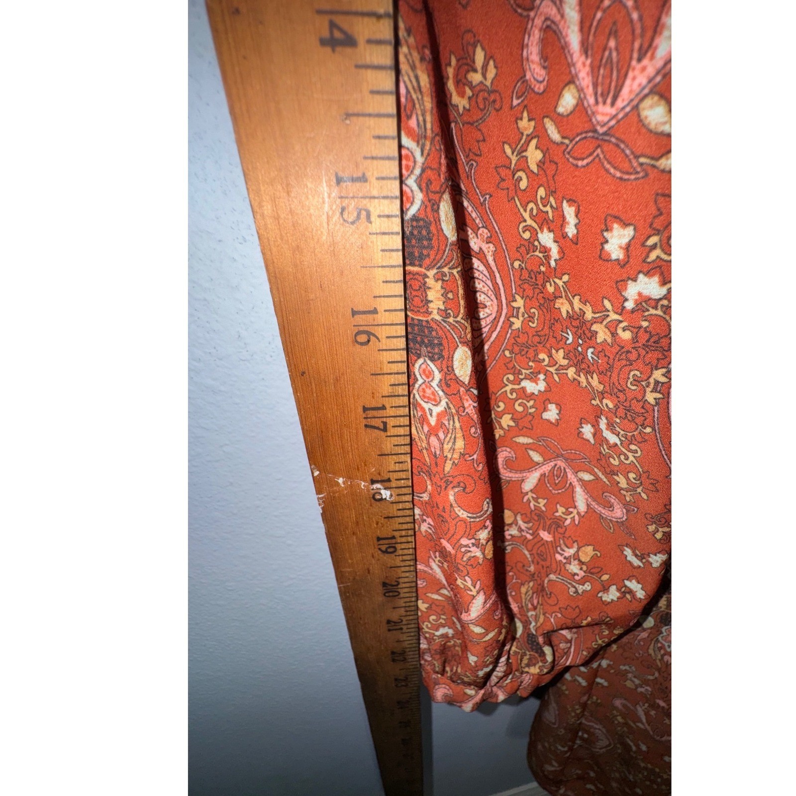 Womens Rust Orange Whimsigoth, Cottagecore Paisley Long Sleeve Mini Dress Small