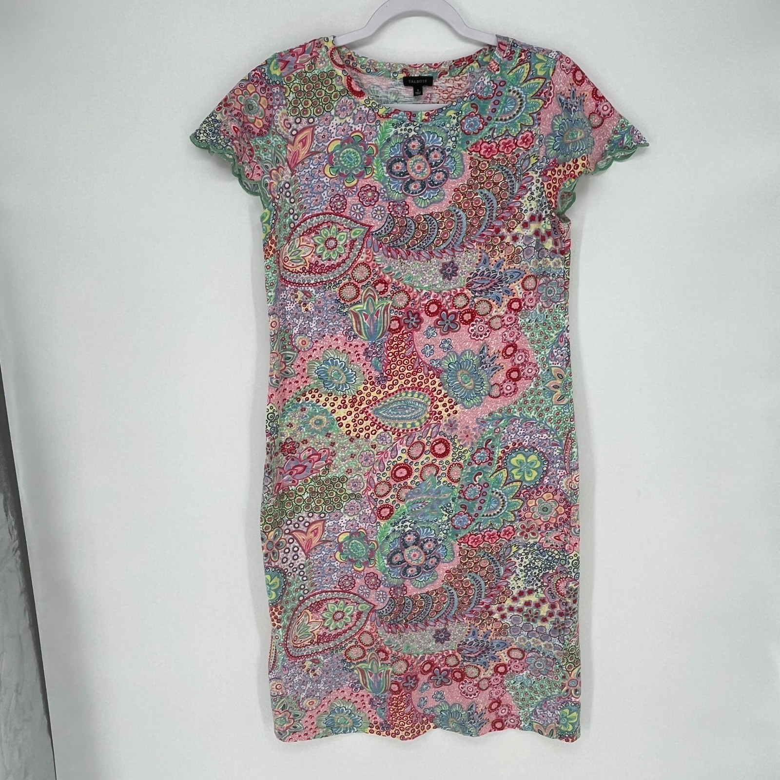 Talbots Paisley Floral Patchwork Boho Shift Dress Pink Cottagecore Scalloped S