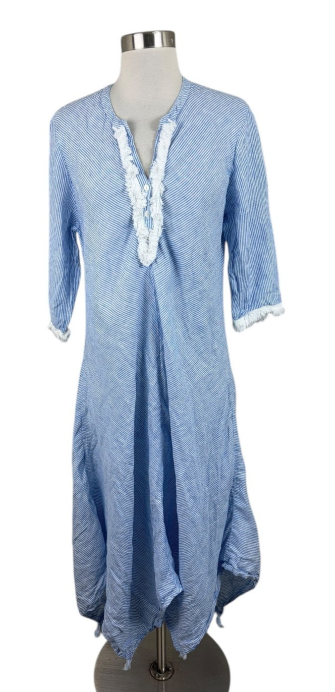 ROBERTA ROLLER RABBIT Blue Jeni Stripe 100% Linen Berenice Dress Size M Coastal