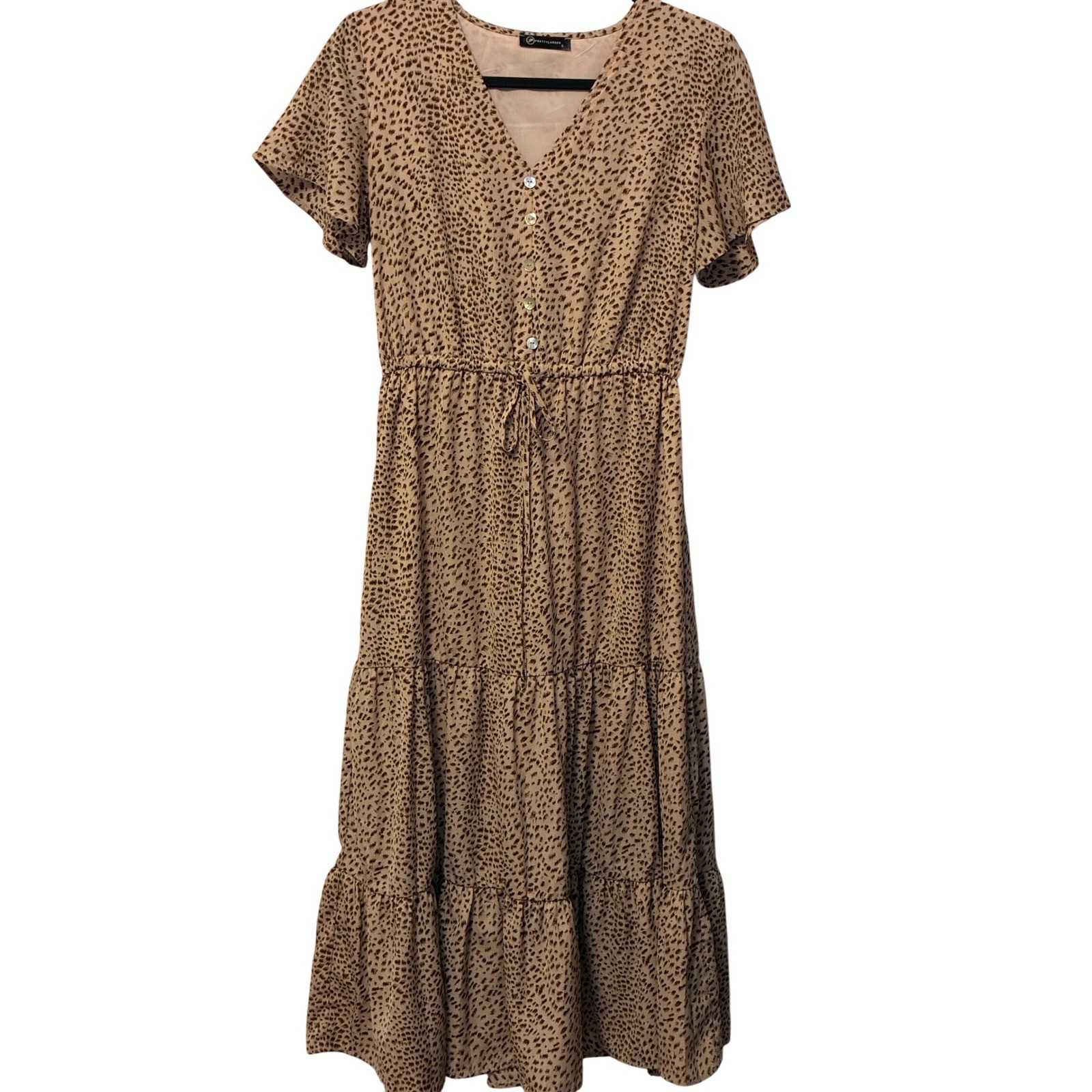 PrettyGarden Leopard Print Maxi Dress V-Neck Tiered Short Sleeve Tan Brown Small