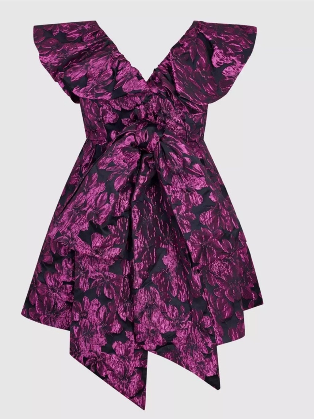 Amy Lynn Jaime ruffle sleeve mini dress with bow back pink floral jacquard Small