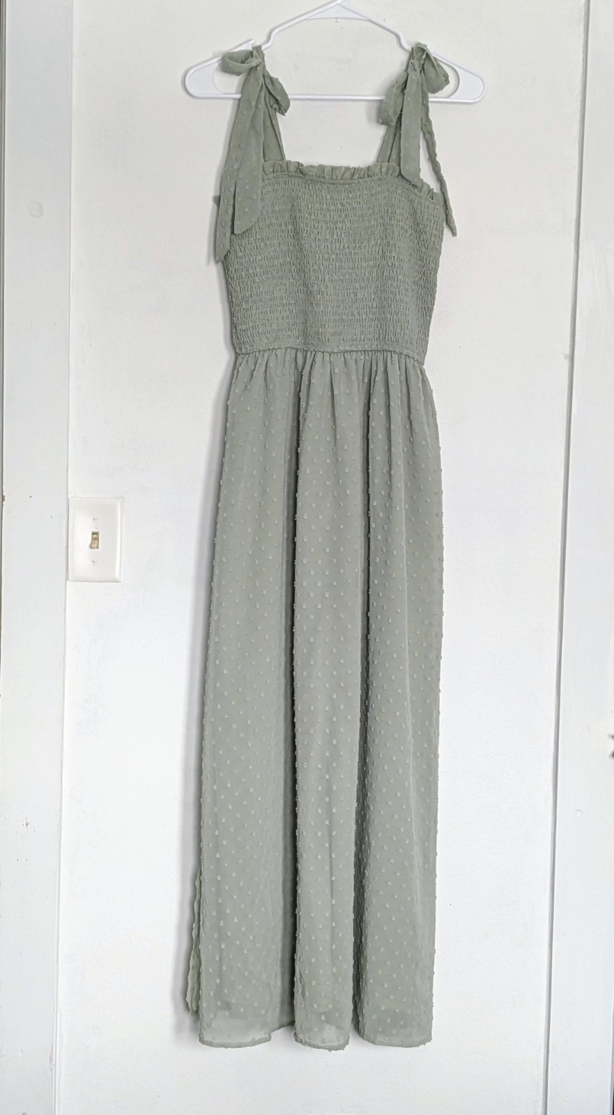 Zesica Light Green Smocked Tie Strap Ruffle Dot Maxi Dress Lined Side Slit M