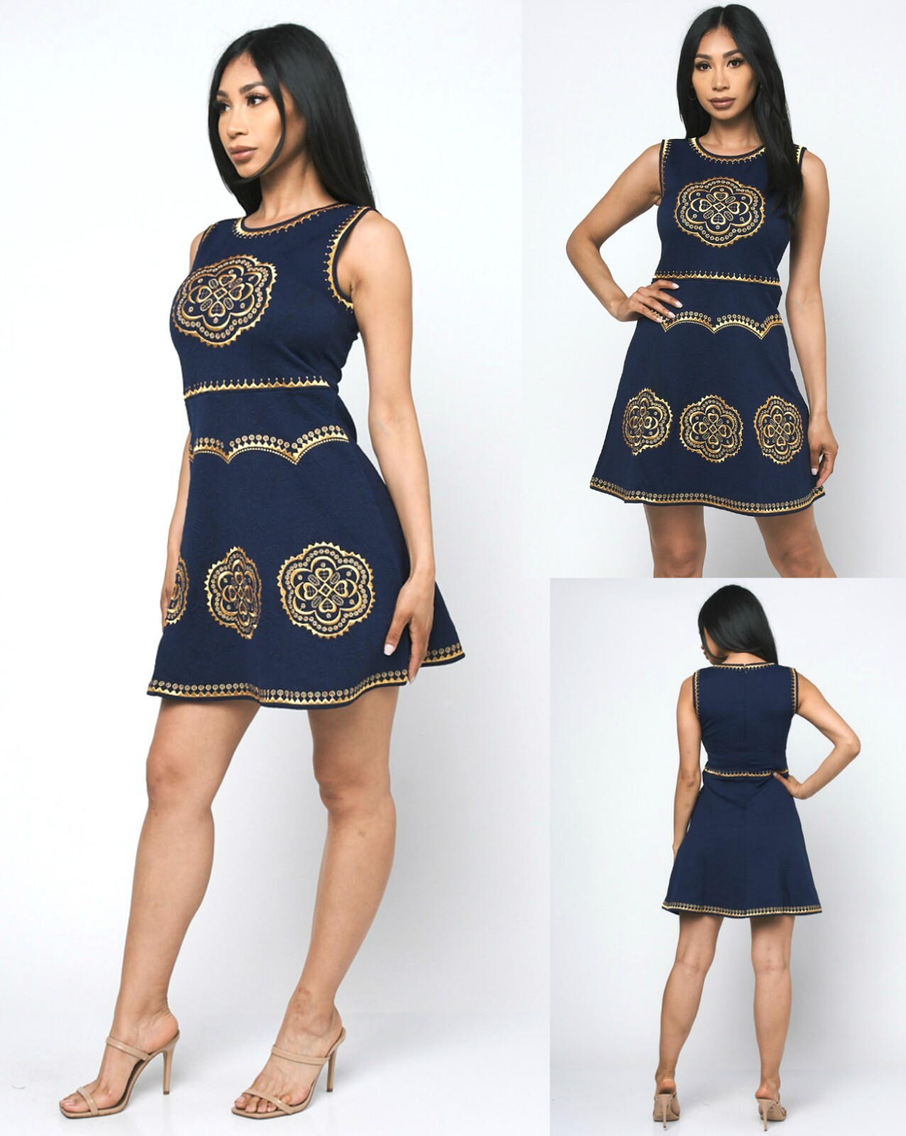 Crème A-line work/school/party embroidered jacquard skater dress S,M,L,Navy/Gold