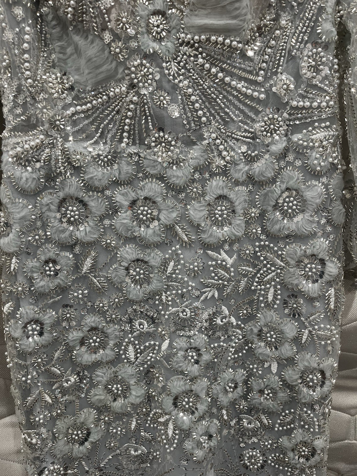 Terani Couture Silver Beaded Embroidered Mesh 3/4 Sleeve Long Gown Zip 10